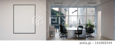 3D Illustration of Modern Office Interior with Blank Frame Mockup, Desk, Chairs, and City Window View 142068544