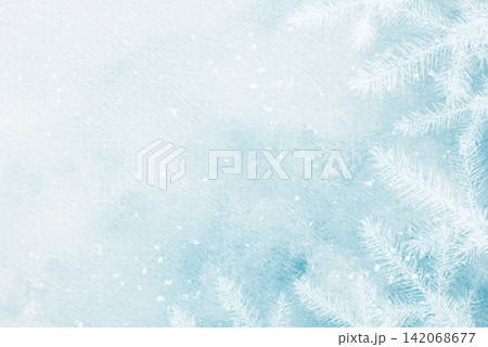 A blue watercolor background with white fir branches for creating web banners for the winter holidays. A blue watercolor background with white fir branches for creating web banners for the winter holidays. 142068677