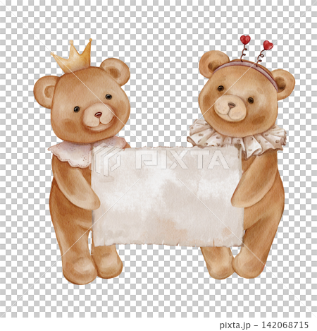 Watercolor illustration of two cute teddy bears holding blank sign, featuring a crown and heart antennae. Bears hand drawn vintage style with festive collars. For greeting cards or nursery decor. Watercolor illustration of two cute teddy bears holding blank sign, featuring a crown and heart antennae. Bears hand drawn vintage style with festive collars. For greeting cards or nursery decor. 142068715