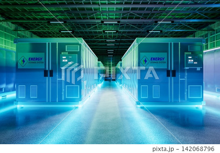 Energy storage systems or battery container units in factory 142068796