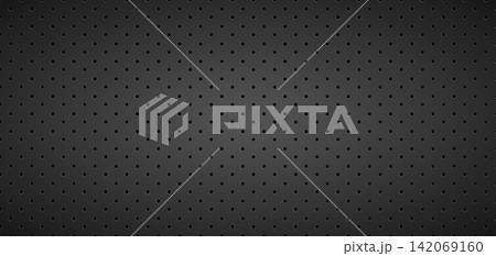 Dark perforated metal panel texture with regular hole grid. Industrial grille background, black steel surface and geometric pattern for modern technology design 142069160
