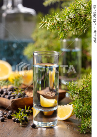 Gin with ingredients on an old wooden table. Gin with ingredients on an old wooden table. 142069348