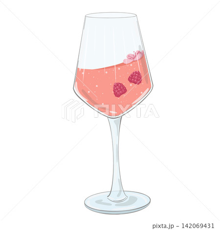 Sparkling wine in glass. Cartoon glass with non-alcoholic grape juice drink. Vector champagne, prosecco, rose wine and wineglass illustration. Party tableware for restaurant. Pink beverage. Sparkling wine in glass. Cartoon glass with non-alcoholic grape juice drink. Vector champagne, prosecco, rose wine and wineglass illustration. Party tableware for restaurant. Pink beverage. 142069431