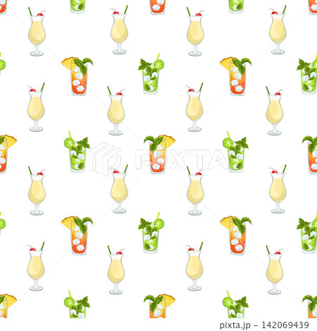 Cocktails vector seamless pattern on white background. Summer bright design with mojito, pina colada, mai tai. Hand drawn print for wallpaper, website background, wrapping paper, fabric 142069439