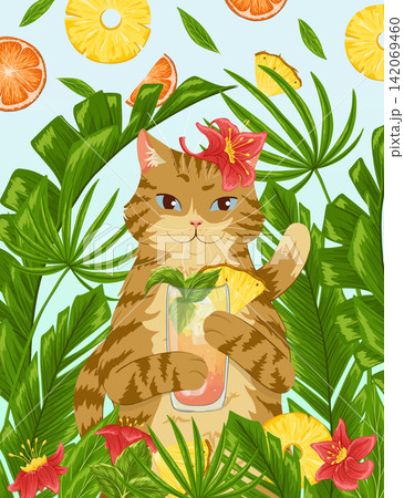 Cat, tropical leaves, pineapple, orange, cocktail greeting card. Vector summer postcard with cute cartoon cat drinking mocktail. Leafy background. Mai tai cocktail. Falling fruits. Print design. Uncut Cat, tropical leaves, pineapple, orange, cocktail greeting card. Vector summer postcard with cute cartoon cat drinking mocktail. Leafy background. Mai tai cocktail. Falling fruits. Print design. Uncut 142069460