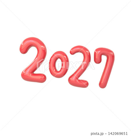 つやつやの赤い3Dイラスト。ラフな手描きの2027の文字。2027年のコンセプト つやつやの赤い3Dイラスト。ラフな手描きの2027の文字。2027年のコンセプト 142069651