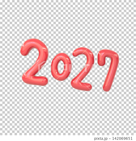 つやつやの赤い3Dイラスト。ラフな手描きの2027の文字。2027年のコンセプト つやつやの赤い3Dイラスト。ラフな手描きの2027の文字。2027年のコンセプト 142069651
