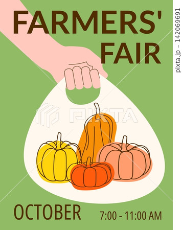 Farmers Fair Poster with Pumpkins in Bag Vector Illustration Farmers Fair Poster with Pumpkins in Bag Vector Illustration 142069691