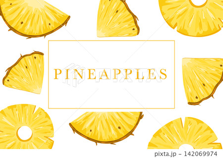 Pineapples vector tag. Tropical fruit sticker design. Text place. Fruity pattern cover background. Label for food, drink, flavour packaging, beauty products. Uncut elements 142069974