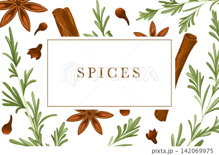 Spices vector tag. Cinnamon, cardamom, cloves, rosemary sticker design. Text box. Condiments pattern background. Label for food, drink, flavour packaging Spices vector tag. Cinnamon, cardamom, cloves, rosemary sticker design. Text box. Condiments pattern background. Label for food, drink, flavour packaging 142069975