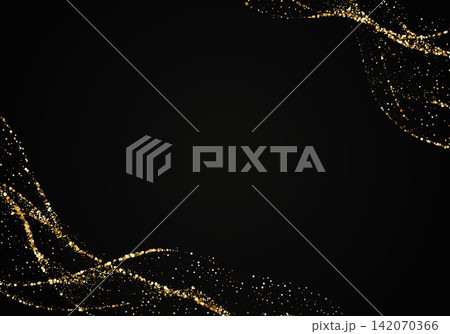 Abstract luxury black background with golden glitter waves in opposite corners and large copy space. Vector frame for card or invitation. 142070366