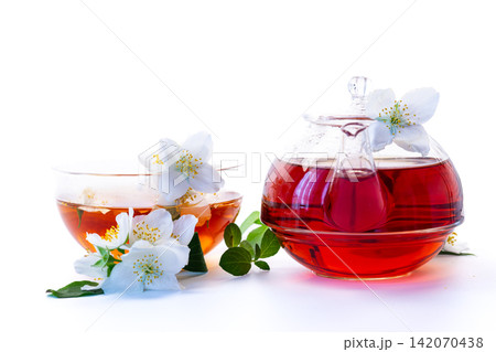 jasmine flower tea composition isolated on white background with copy space jasmine flower tea composition isolated on white background with copy space 142070438