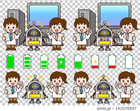 A set of illustrations of a child scientist developing robots. A set of illustrations of a child scientist developing robots. 142070897