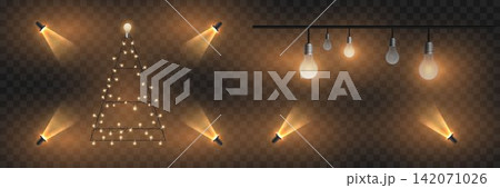 Lighting elements, including a light string tree and hanging bulbs, illuminate a transparent background Lighting elements, including a light string tree and hanging bulbs, illuminate a transparent background 142071026