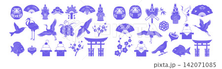 Collection of japanese new year vector symbols featuring cranes and traditional decorative elements in silhouette style Collection of japanese new year vector symbols featuring cranes and traditional decorative elements in silhouette style 142071085