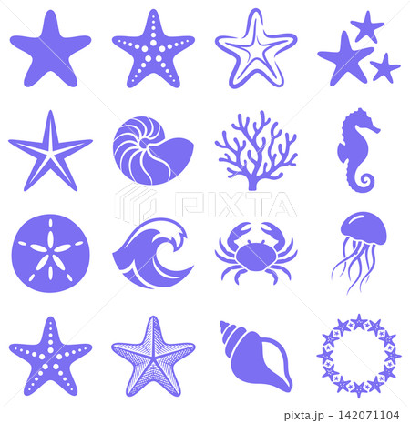 Collection of marine life and ocean icons featuring starfish shells and crab in flat style Collection of marine life and ocean icons featuring starfish shells and crab in flat style 142071104