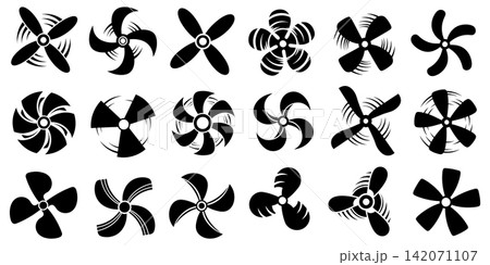 Collection of mechanical propeller icons and fan blades in various shapes for industrial ventilation design Collection of mechanical propeller icons and fan blades in various shapes for industrial ventilation design 142071107