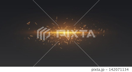 Golden light beam shattering into abstract geometric glass pieces, scattering with sparkling particles 142071134