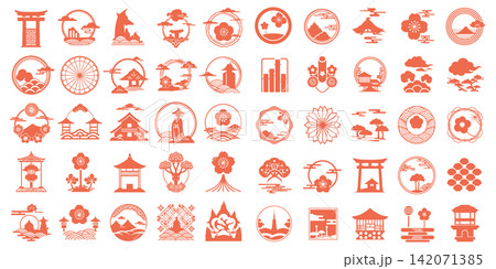 Collection of oriental circular symbols featuring traditional architecture and floral motifs in linear art style Collection of oriental circular symbols featuring traditional architecture and floral motifs in linear art style 142071385