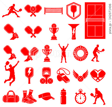 Collection of pickleball sport icons featuring paddles balls court net player silhouettes and equipment items 142071406
