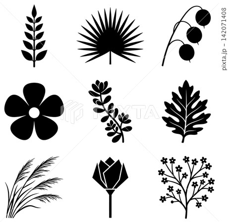 Collection of plant and floral silhouette icons featuring diverse botanical shapes for nature graphic designs 142071408