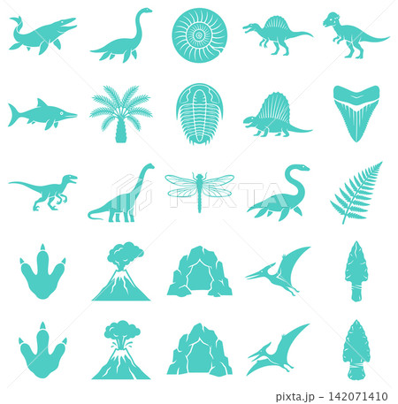 Collection of prehistoric dinosaur icons and fossil elements presented in a flat silhouette design style Collection of prehistoric dinosaur icons and fossil elements presented in a flat silhouette design style 142071410