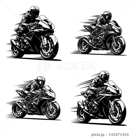Collection of racing motorcycle silhouettes showing high speed motion effects for automotive and sports themes 142071420