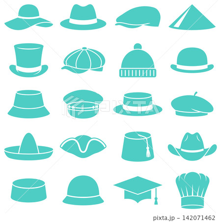 Collection of simple flat headwear icons featuring various traditional and modern hat styles for fashion Collection of simple flat headwear icons featuring various traditional and modern hat styles for fashion 142071462