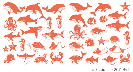 Collection of simple sea animal icons including whale dolphin shark octopus and crab vector illustration 142071466