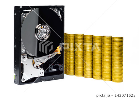 naked harddisk show internal disc with reflections on white background with stacked coins in business growing shape represent about e-business, blockchain and cryptocurrency with clipping path naked harddisk show internal disc with reflections on white background with stacked coins in business growing shape represent about e-business, blockchain and cryptocurrency with clipping path 142071625