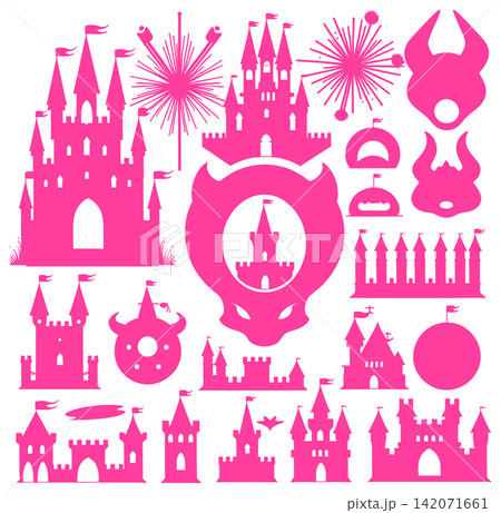 Collection of fairy tale castle vector silhouettes and whimsical shapes for children storybook graphic design Collection of fairy tale castle vector silhouettes and whimsical shapes for children storybook graphic design 142071661