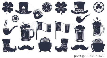 Collection of festive icons for celebratory holiday event featuring hats mugs pipes and clover leaf elements 142071679