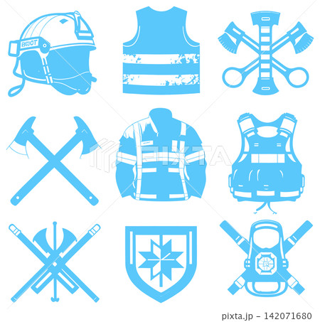Collection of firefighting equipment icons including protective gear and rescue tools for emergency safety services Collection of firefighting equipment icons including protective gear and rescue tools for emergency safety services 142071680