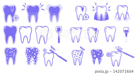 Collection of flat dental icons showing tooth health problems hygiene and professional medical stomatology care procedures 142071684