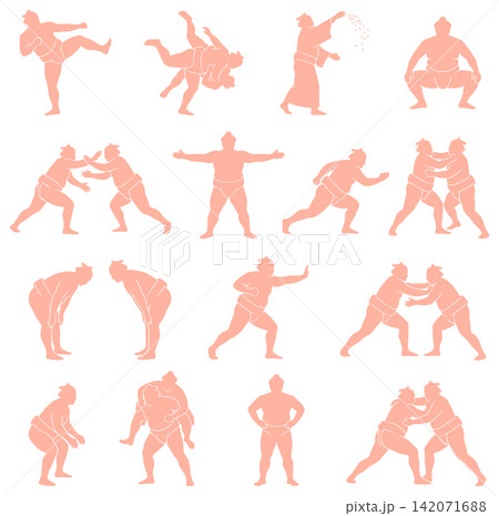 Collection of flat sumo wrestling silhouettes showing various traditional fighting poses and stances for sports Collection of flat sumo wrestling silhouettes showing various traditional fighting poses and stances for sports 142071688
