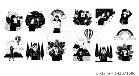 Collection of flat vector icons featuring people looking through binoculars and exploring nature with travel themes 142071690