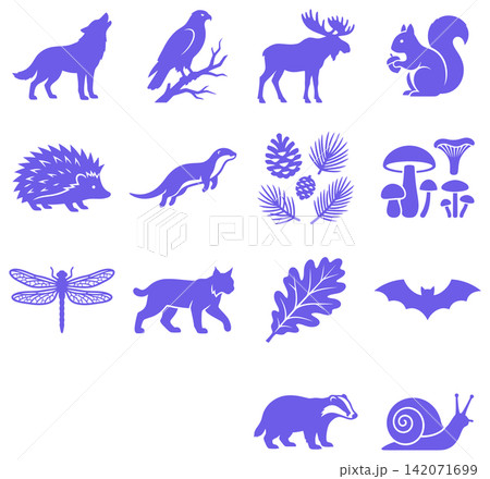 Collection of forest animals and woodland icons in flat style for camping and outdoors branding 142071699