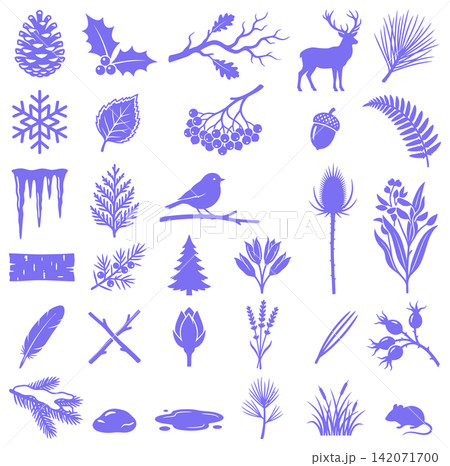 Collection of forest nature icons with winter foliage leaves and woodland animals for seasonal designs Collection of forest nature icons with winter foliage leaves and woodland animals for seasonal designs 142071700