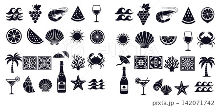 Collection of summer theme vector icons showing beach life coastal nature and tropical vacation relaxation elements Collection of summer theme vector icons showing beach life coastal nature and tropical vacation relaxation elements 142071742