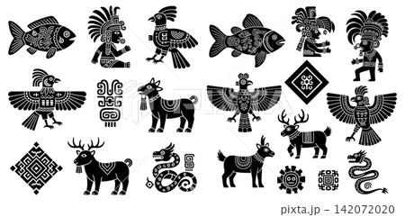 Collection of ancient aztec style animal symbols and tribal pattern icons for historic cultural projects Collection of ancient aztec style animal symbols and tribal pattern icons for historic cultural projects 142072020
