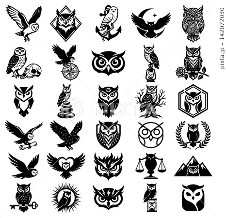 Collection of artistic owl icons and emblems in diverse poses for creative branding or design Collection of artistic owl icons and emblems in diverse poses for creative branding or design 142072030
