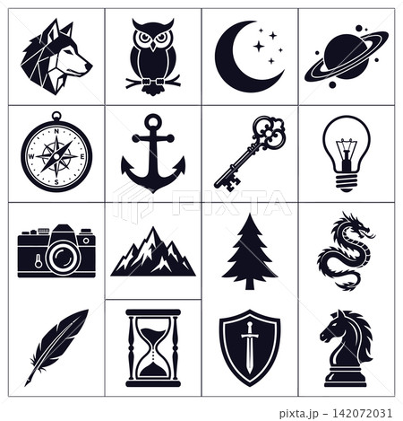 Collection of assorted adventure and wildlife themed monochrome vector icons for outdoor branding and design 142072031