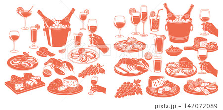 Collection of cheese and wine tasting icons in a simple graphic line art drawing style Collection of cheese and wine tasting icons in a simple graphic line art drawing style 142072089