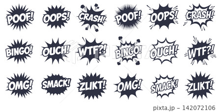 Collection of comic book speech bubbles with various sound effects and expressive text in flat vector style 142072106