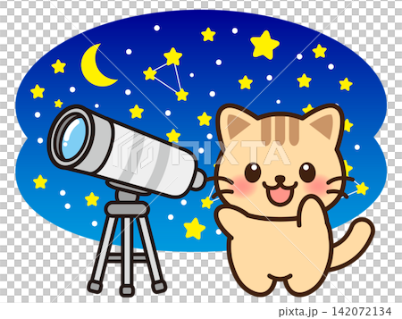 一隻貓正透過望遠鏡觀察星星的插圖 一隻貓正透過望遠鏡觀察星星的插圖 142072134