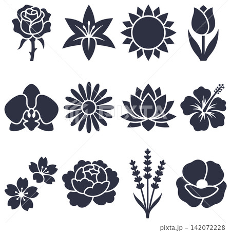 Collection of different flower icons showcasing floral variety in a minimalist flat vector art style Collection of different flower icons showcasing floral variety in a minimalist flat vector art style 142072228