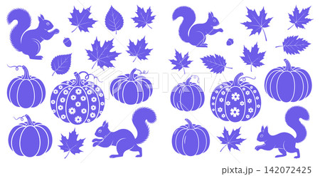 Autumn forest collection featuring squirrel and pumpkin silhouettes for seasonal harvest design projects and crafts 142072425