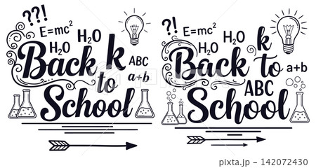 Back to school lettering design with science equipment including light bulbs and beakers for education 142072430