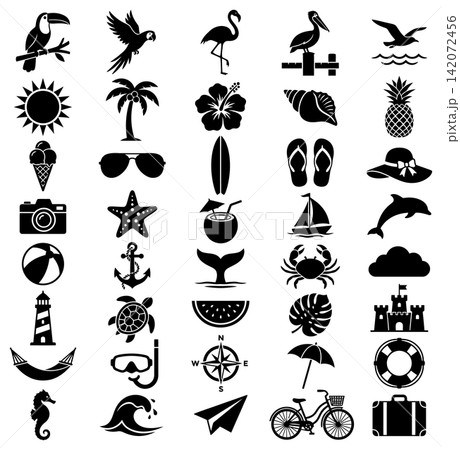 Black and white vector icon set representing summer activities and tropical travel vacation lifestyle elements Black and white vector icon set representing summer activities and tropical travel vacation lifestyle elements 142072456