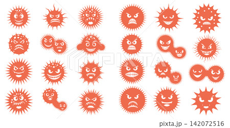 Cartoon virus characters with angry facial expressions set in a simple flat graphic illustration style Cartoon virus characters with angry facial expressions set in a simple flat graphic illustration style 142072516